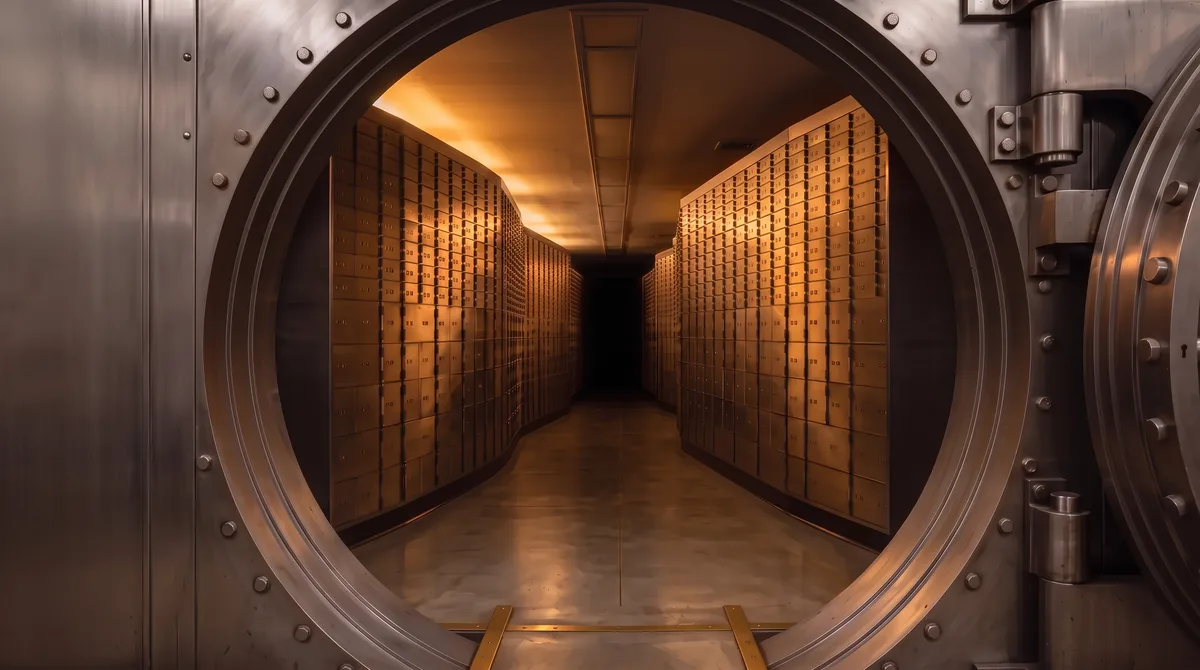 A large open bank vault door revealing rows of illuminated brass safe-deposit boxes down a corridor.