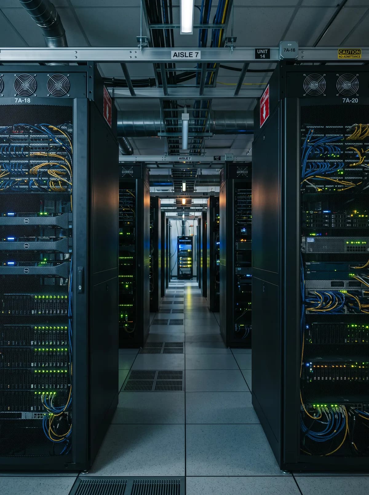 A data center aisle between rows of server racks, cables and status lights visible, an 'Aisle 7' sign overhead.