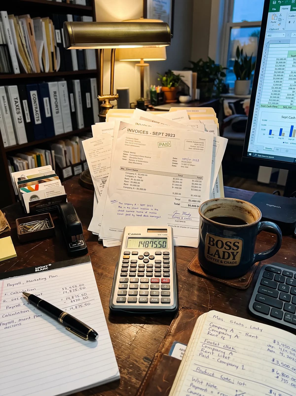 A small-business owner's desk stacked with paper invoices, a calculator, and a spreadsheet of monthly cash flow on the monitor behind it.