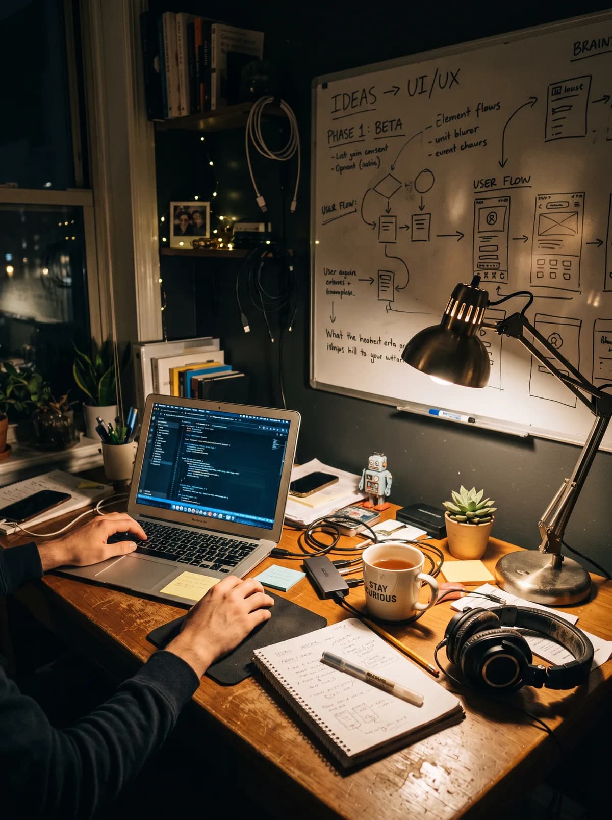A developer working late at a small home-office desk, laptop showing a code editor, whiteboard of UI sketches, and a mug reading 'Stay Curious.'