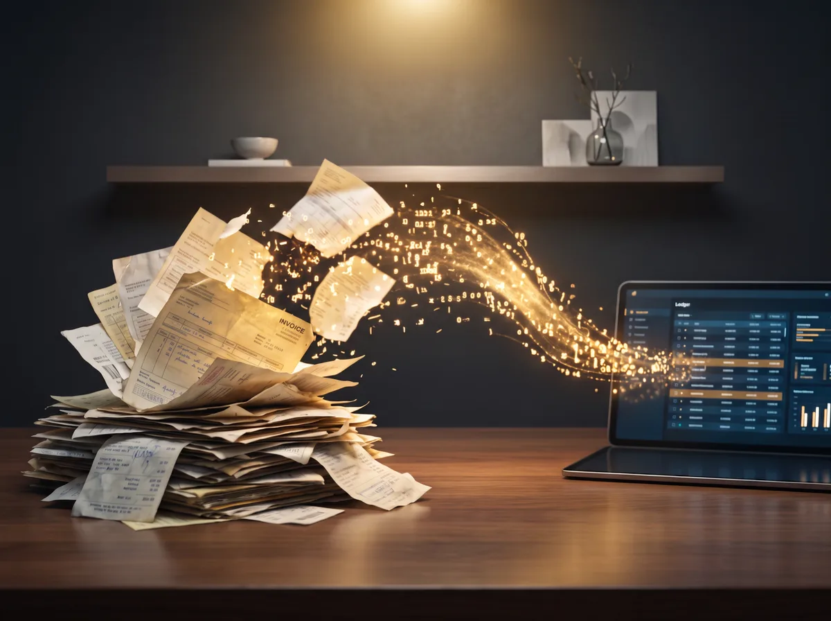 A stack of paper invoices dissolving into a stream of light flowing into a laptop showing a structured digital ledger