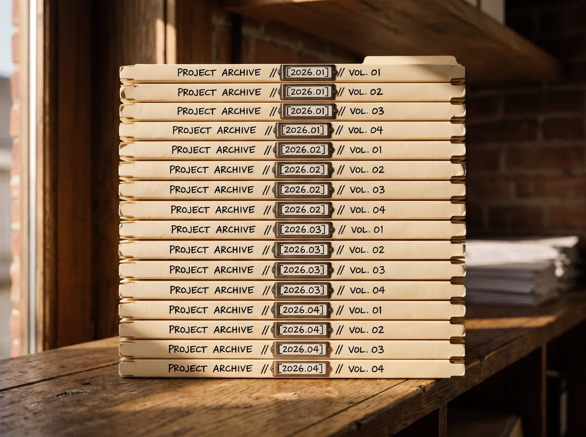 A tall stack of identically labeled project archive folders lined up on a shelf