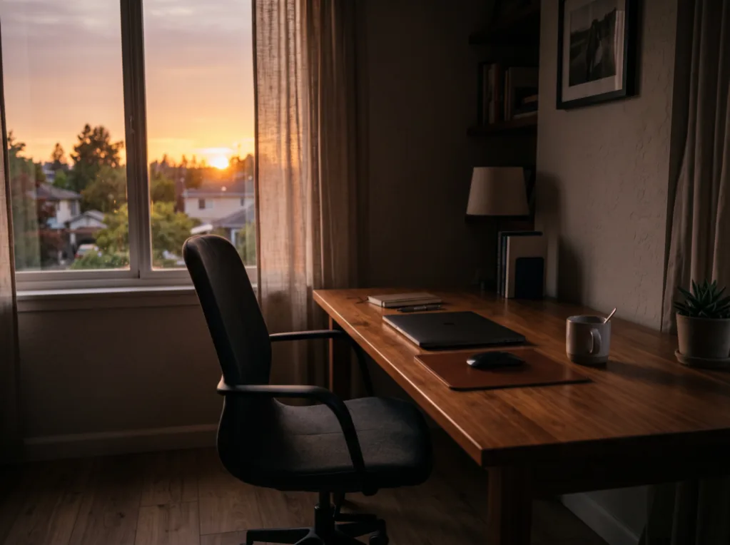 An empty office chair at a wooden desk in front of a window at sunset, laptop closed for the day